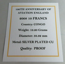 Load image into Gallery viewer, 2008 100th ANNIVERSARY OF AVIATION ENGLAND PROOF 10 FRANCS COIN COA &amp; BOX
