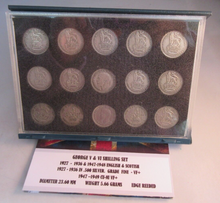 Load image into Gallery viewer, KING GEORGE V &amp; KING GEORGE VI F-VF 15 SHILLING COIN SET IN ROYAL MINT BLUE BOOK
