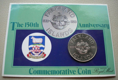 1833-1983 FALKLAND ISLANDS 150th ANNIVERSARY FIFTY PENCE CROWN /INFORMATION CARD
