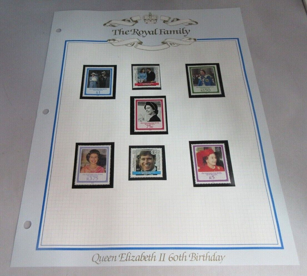 1986 QUEEN ELIZABETH II 60TH BIRTHDAY SEYCHELLES STAMPS & ALBUM SHEET