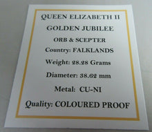 Load image into Gallery viewer, 2002 QEII GOLDEN JUBILEE ORB &amp; SCEPTER 50P CROWN COLOURED PROOF BOX &amp; COA
