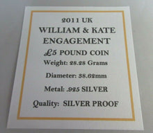 Load image into Gallery viewer, 2011 WILLIAM &amp; KATE ENGAGEMENT SILVER PROOF £5 FIVE POUND COIN BOX &amp; COA
