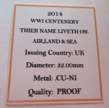Load image into Gallery viewer, 2014 WWI CENTENARY THEIR NAME LIVETH ON AIR LAND &amp; SEA HALF CROWN COIN BOX &amp; COA
