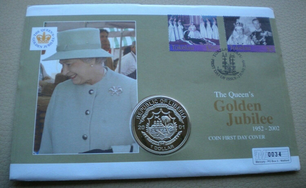 1952-2002 HM THE QUEEN'S GOLDEN JUBILEE 2001 BUNC ONE DOLLAR COIN COVER PNC