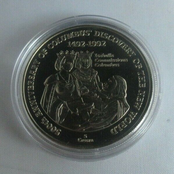 1991 500th Anniv of Columbus Discovery of New World BUnc 5 Crown Coin + Capsule