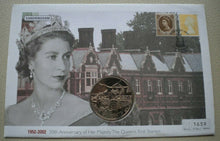 Load image into Gallery viewer, 2002 50TH ANNIVERSARY HM THE QUEEN&#39;S FIRST STAMPS 50 CENTS CROWN COIN COVER PNC
