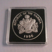 Load image into Gallery viewer, Royal Visit 1996 .925 Silver Proof 1oz Gambia 10 Dalasis Coin in Box/COA
