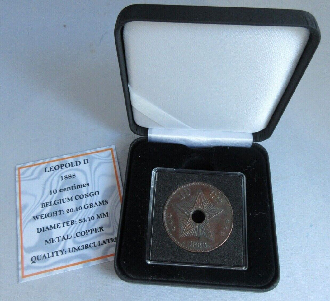 1888 LEOPOLD II BELGIUM CONGO COPPER 10 CENTIMES COIN WITH BOX & COA