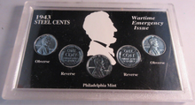 Load image into Gallery viewer, 1943 WAR TIME EMERGENCY ISSUE 1943 STEEL CENTS PHILADELPHIA MINT IN HARD CASE
