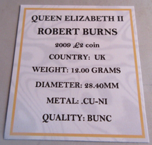 Load image into Gallery viewer, 2009 ROBERT BURNS QEII BUNC £2 TWO POUND COIN WITH QUAD CAPSULE &amp; COA
