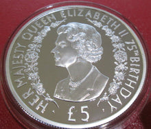 Load image into Gallery viewer, 2001 ALDENEY £5 FIVE Pounds Silver Proof Crown QUEENS 75TH BIRTHDAY BOX/COA Cc1
