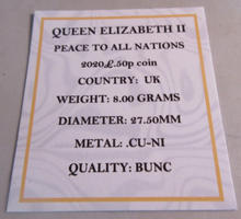 Load image into Gallery viewer, 2020 PEACE TO ALL NATIONS QEII BUNC 50P FIFTY PENCE COIN WITH QUAD CAPSULE &amp; COA
