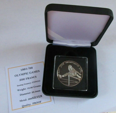 1992 OLYMPIC GAMES .999 SILVER PROOF 1991 CONGO 500 FRANCS COIN BOX & COA