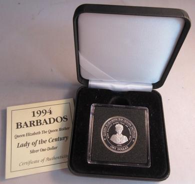 1994 SILVER PROOF BARBADOS 1 DOLLAR QUEEN MOTHER LADY OF THE CENTURY BOX & COA
