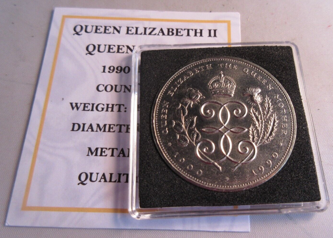 1990 QUEEN MOTHER UK BUNC £5 FIVE POUND CROWN COIN CAPSULE & COA