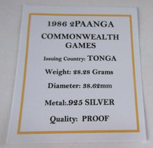 Load image into Gallery viewer, 1986 COMMONWEALTH GAMES TONGA SILVER PROOF 2 PAANGA COIN BOX &amp; COA
