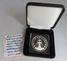 Load image into Gallery viewer, 1973 SHELL FOUNTAIN TRAFALGAR SQUARE SILVER PROOF BARBADOS $5 COIN BOX &amp; COA
