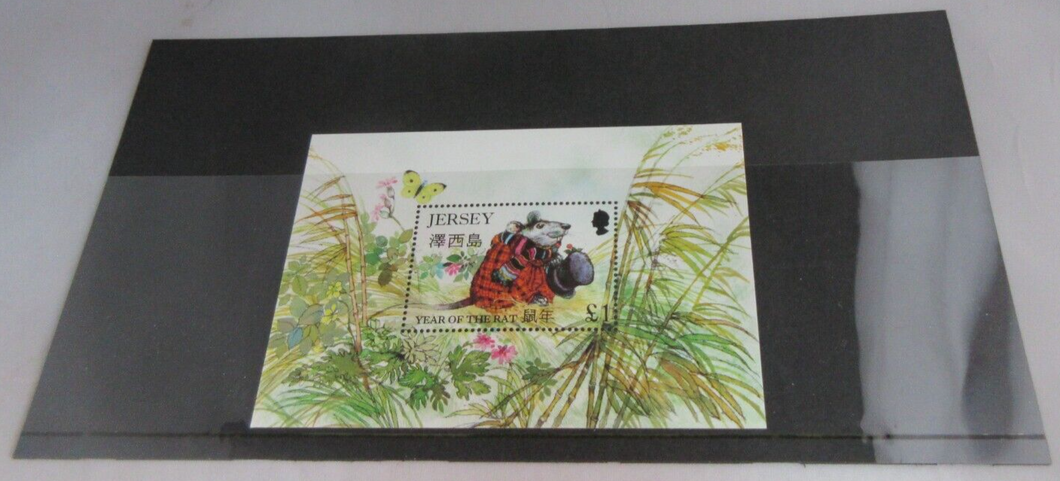 QUEEN ELIZABETH II JERSEY YEAR OF THE RAT MINISHEET & CLEAR FRONTED STAMP HOLDER