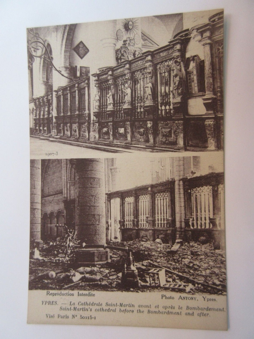 WWI POSTCARD YPRES SAINT MARTIN CATHEDRAL BEFORE & AFTER BOMBARDMENT A4