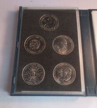 Load image into Gallery viewer, 1965 - 1981 GREAT BRITAIN  BUnc CROWNS 5 COIN SET WITH ROYAL MINT BLUE BOOK
