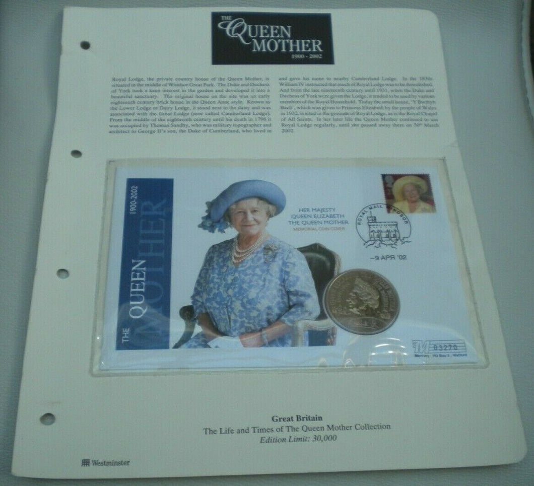 1900-2002 HER MAJESTY QUEEN ELIZABETH THE QUEEN MOTHER MEMORIAL £5 COINCOVER PNC