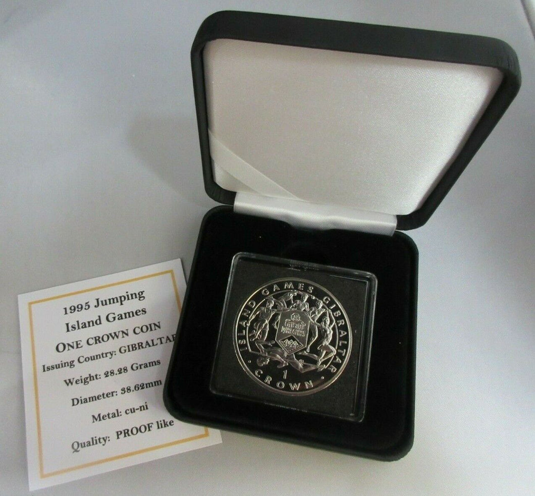 1995 JUMPING ISLAND GAMES GIBRALTAR PROOF LIKE ONE CROWN COIN BOX & COA