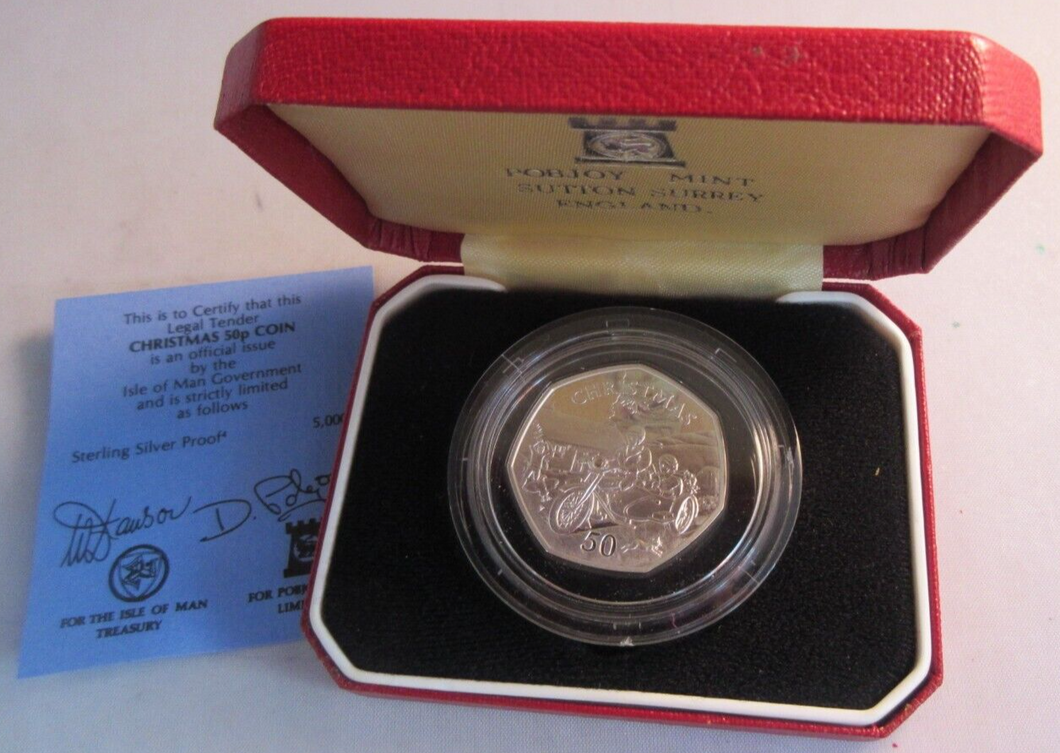 1988 CHRISTMAS 50P FIFTY PENCE SILVER PROOF IOM 50P WITH COA & PRESENTATION BOX