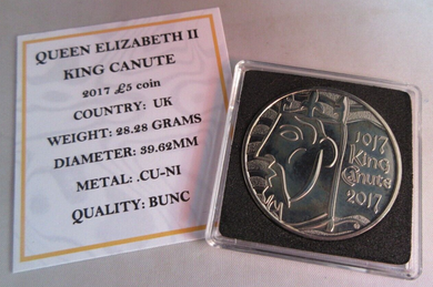 2017 QUEEN ELIZABETH II KING CANUTE BUNC £5 FIVE POUND COIN QUAD CAPSULE & COA