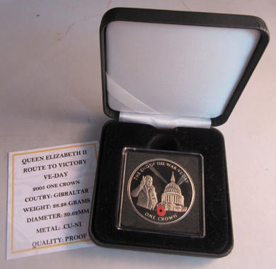 2005 QEII VE-DAY ROUTE TO VICTORY PROOF GIBRALTAR 1 CROWN COIN BOX & COA