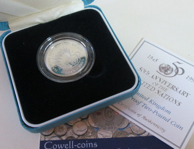 UK 1995 Royal Mint United Nations 50th Aniv £2 Two Pound Silver Proof Coin Box/C
