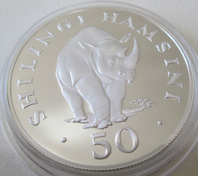 1974 ROYAL MINT TANZANIA 50 SHILINGI SILVER PROOF BLACK RHINO COIN CONSERVATION.