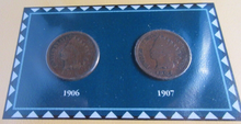 Load image into Gallery viewer, INDIAN HEAD PENNIES ISSUED 1906 &amp; 1907 WITH POSTAGE STAMPS ON ALBUM INFO SHEET
