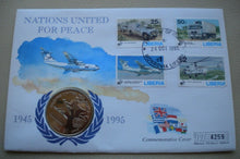 Load image into Gallery viewer, 1945-1995 NATIONS UNITED FOR PEACE LIBERIA 1 DOLLAR COMMEMORATIVE COIN COVER PNC
