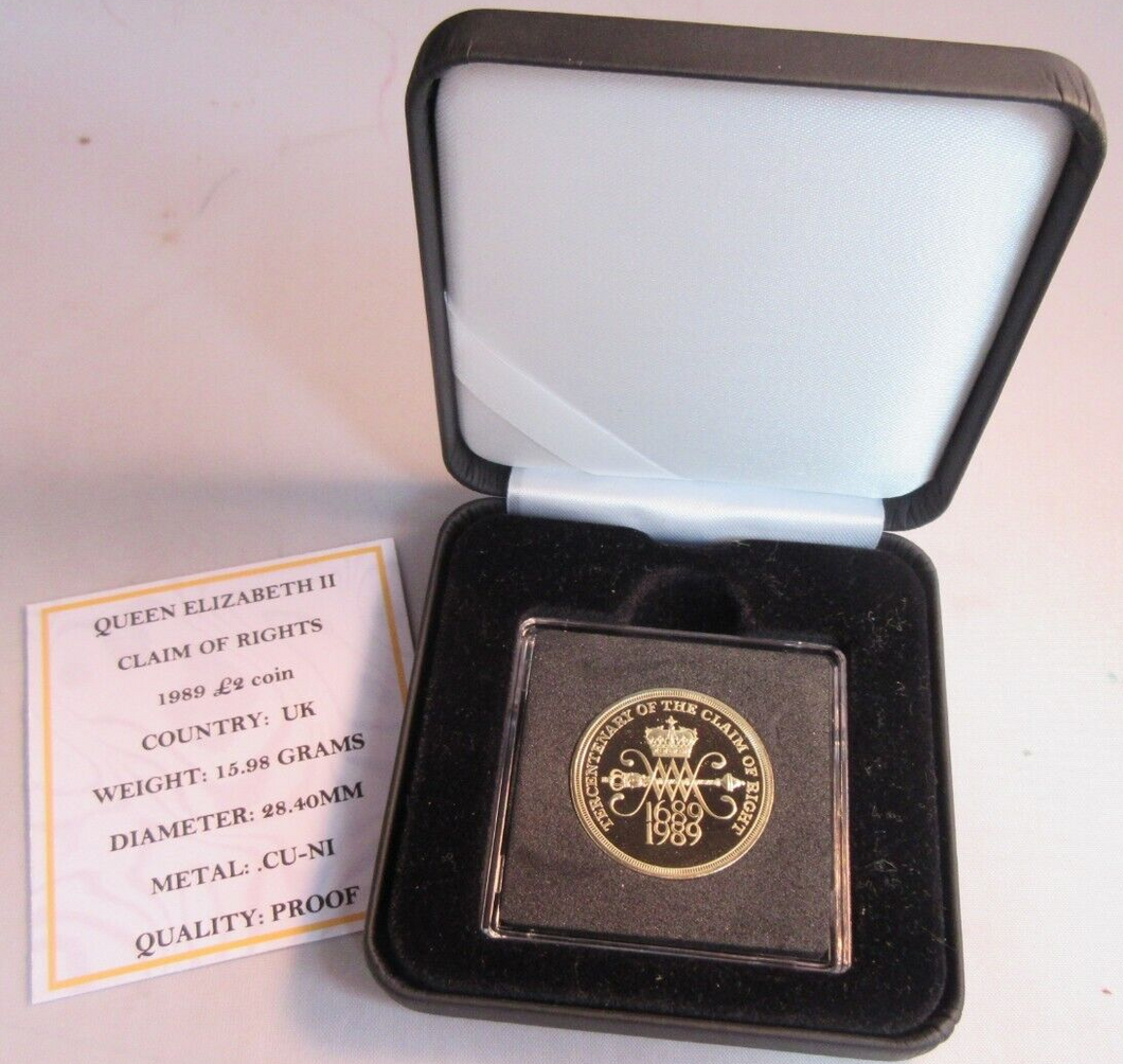 1989 QEII CLAIM OF RIGHTS UK ROYAL MINT PROOF £2 COIN BOXED WITH COA