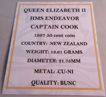 Load image into Gallery viewer, 1967 HMS ENDEAVOR CAPTAIN COOK QEII BUNC NEW ZEALAND 50 CENT COIN WITH COA
