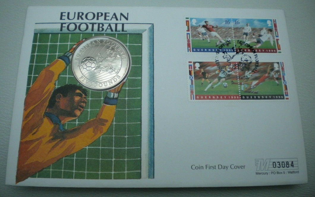 1996 EUROPEAN FOOTBALL BUNC GUERNSEY £5 COIN FIRST DAY COVER PNC STAMPS & P-MARK