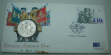 Load image into Gallery viewer, 1953-1993 CORONATION ANNIVERSARY CROWN £5 COIN COVER, PNC WITH INFORMATION CARD
