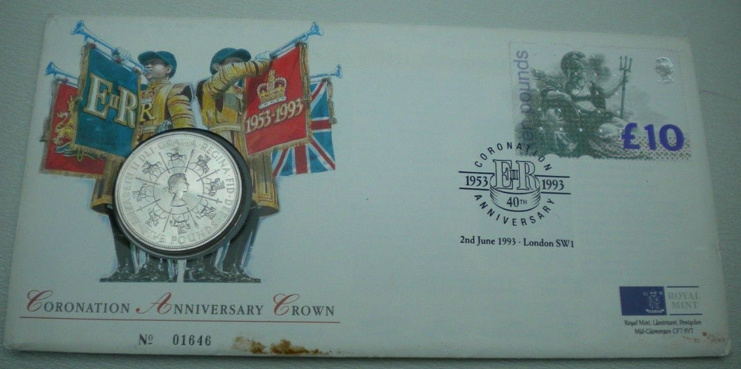 1953-1993 CORONATION ANNIVERSARY CROWN £5 COIN COVER, PNC WITH INFORMATION CARD