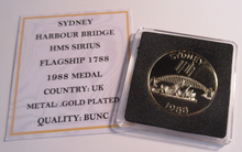 Load image into Gallery viewer, 1988 SYDNEY HARBOUR BRIDGE HMS SIRIUS GOLD PLATED BUNC MEDAL CAPSULE &amp; COA
