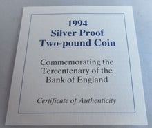 Load image into Gallery viewer, 1994 £2 TERCENTENARY OF THE BANK OF ENGLAND SILVER PROOF TWO POUND COIN BOXED
