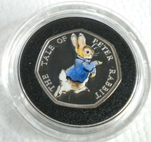 Load image into Gallery viewer, BEATRIX POTTER PETER RABBIT 2017 COLOURIZED SILVER PROOF ROYAL MINT 50p BOX&amp;COA
