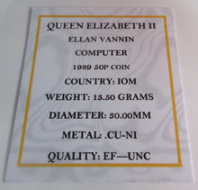 Load image into Gallery viewer, 1989 QEII ELLAN VANNIN COMPUTER MINT MARK AA FIFTY PENCE 50P COIN BOX &amp; COA
