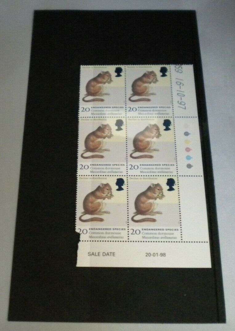 1997 ENDANGERED SPECIES COMMON DORMOUSE 20p BLOCK OF 6 STAMPS MNH