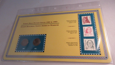 INDIAN HEAD PENNIES ISSUED 1902 & 1903 WITH POSTAGE STAMPS ON ALBUM INFO SHEET