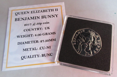 2017 BENJAMIN BUNNY QEII BUNC 50P FIFTY PENCE COIN QUAD CAPSULE & COA