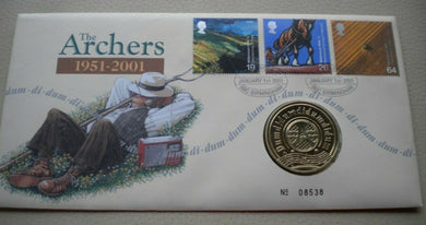 1951-2001 THE ARCHERS - FROM THE HEART OF THE COUNTRY MEDALLIC COVER PNC & INFO