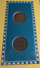 Load image into Gallery viewer, INDIAN HEAD PENNIES ISSUED 1883 &amp; 1884 WITH POSTAGE STAMPS ON ALBUM INFO SHEET
