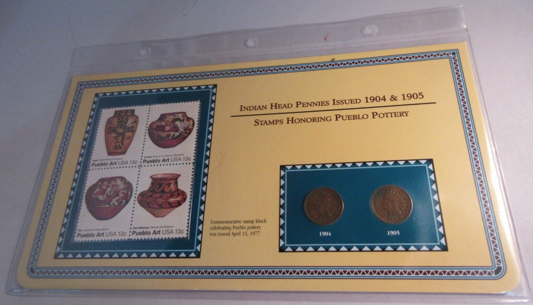 INDIAN HEAD PENNIES ISSUED 1904 & 1905 WITH POSTAGE STAMPS ON ALBUM INFO SHEET