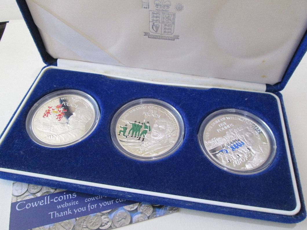 2002 DUKE OF WELLINGTON 3 x £5 CROWN WITH COLOUR SILVER PROOF SET - cased