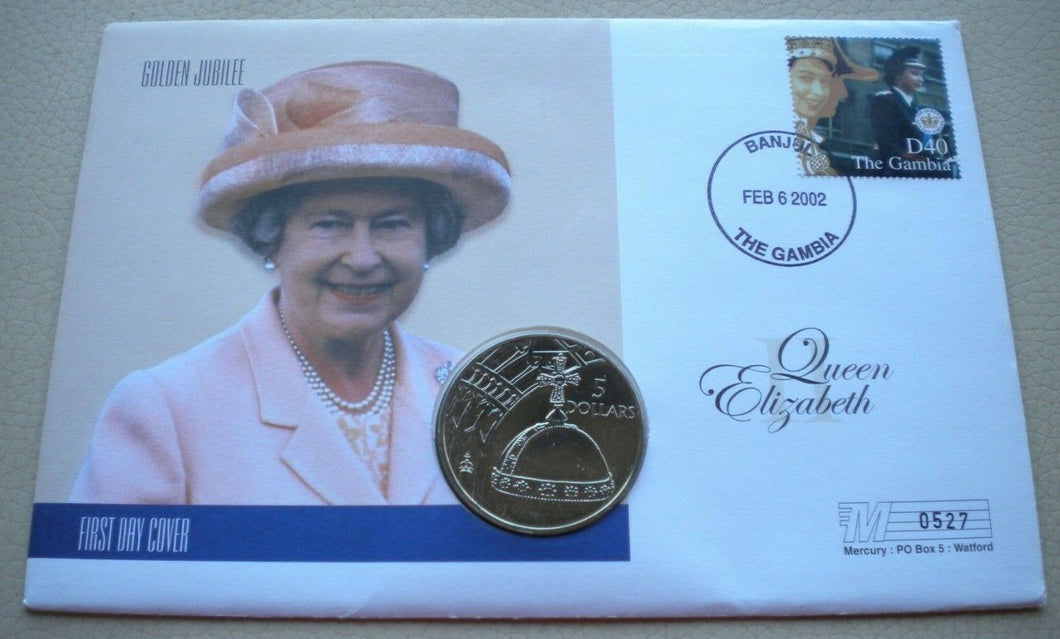 1952-2002 HM THE QUEEN'S GOLDEN JUBILEE 2002 BUNC FIVE DOLLAR COIN COVER PNC